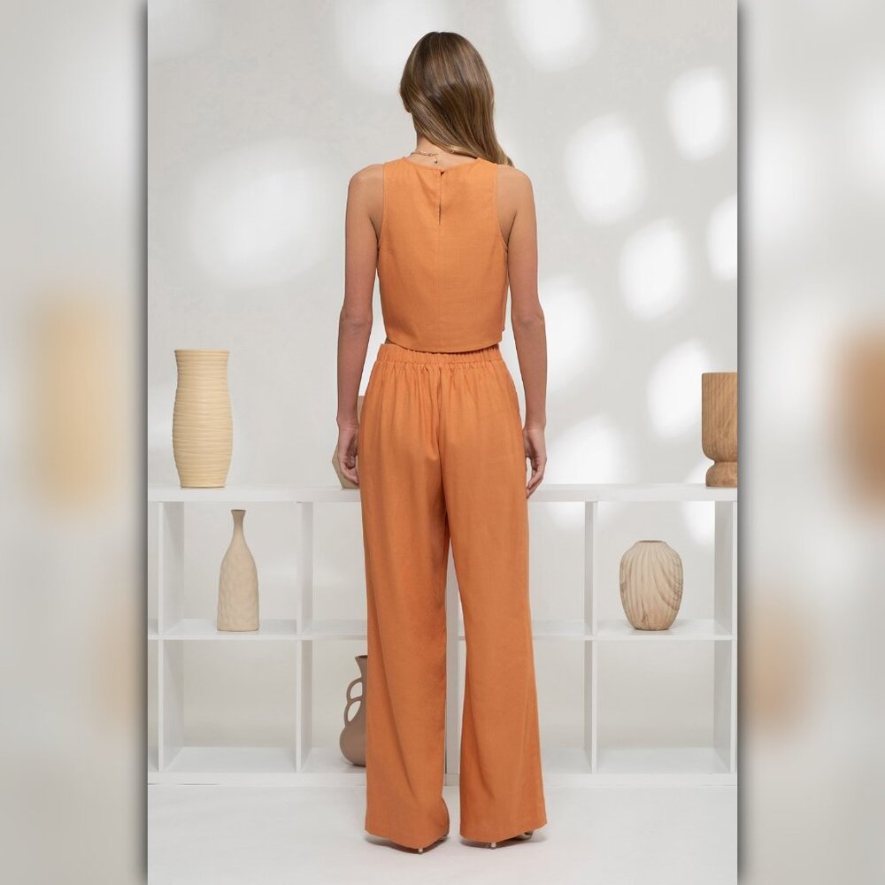 (SET) Moon River Sleeveless Round Neck Crop Top and High Waist Wide Leg Pants - Picture 3 of 10